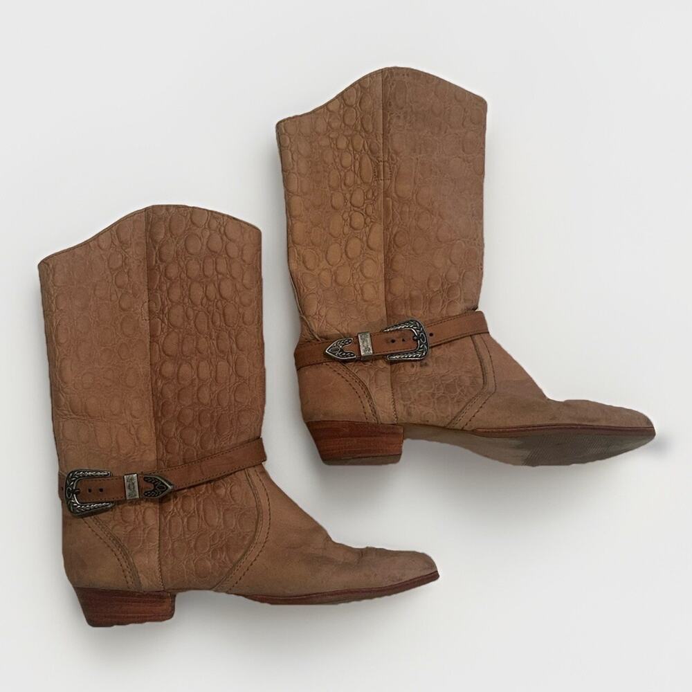Dexter Brown Leather Cowboy Mid Calf Boots Womens Size 7 M USA Buckled